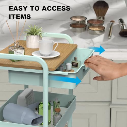 Aratan 3 Tier Rolling Cart, Utility Cart with Drawer and Table Top, Metal Rolling Kitchen Storage Organizer Cart with Handle and Locking Wheels for Bathroom Office Balcony Living Room - Thumbnail 2