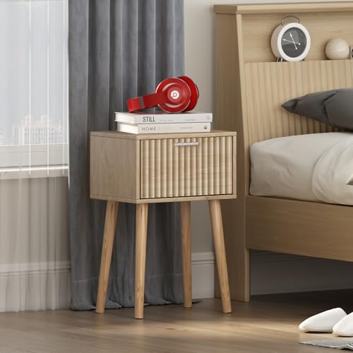 LAATOOREE Nightstands Set of 2, Small Side Table, Bedside Table with Fluted Door, Solid Wood Feet; Modern Mid-Century End Table for Bedroom, Small Space (Natural) - Image 6
