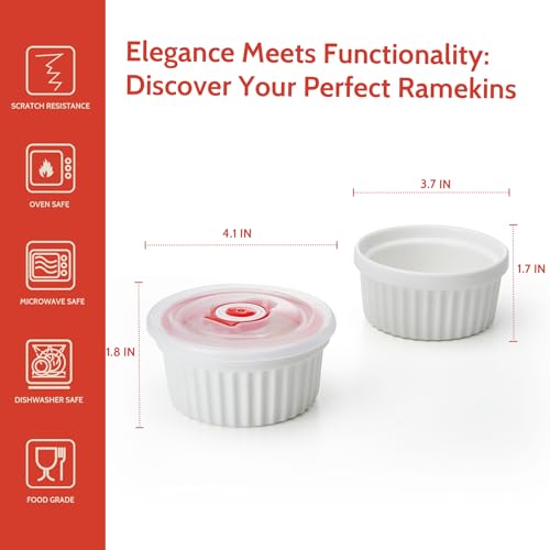 Image of Sweese 6-Pack 4 oz Porcelain Ramekins with Lids, White Souffle Dishes for Baking, Creme Brulee Cups, Oven-Friendly Pudding Custard Bowls - Versatile Kitchen Essentials for Baking and Storing