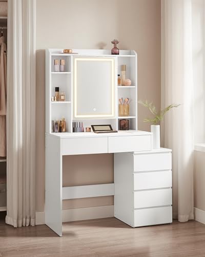VASAGLE Dressing Table, Large Adjustable Brightness LED Mirror, Makeup Table with Mirror, Open Compartments, Adjustable Shelves, Modern, Cloud White RDT624W01