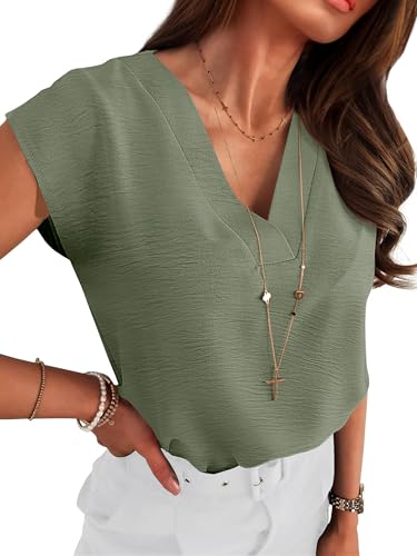 ANRABESS Women Tops Cap Sleeve Dressy Casual V Neck Shirts 2026 Summer Business Work Blouses Outfits Trendy Spring Clothing Light Green Large