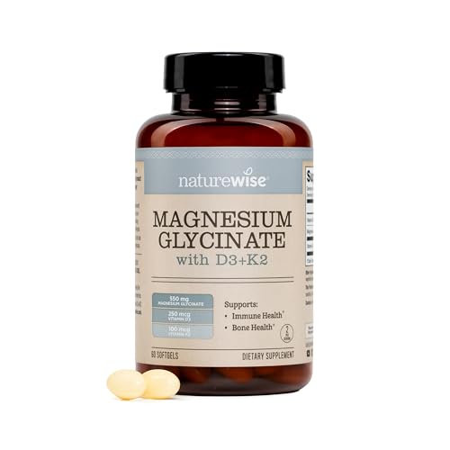 NatureWise Magnesium Glycinate 550mg + High-Dose 10000 IU Vitamin D3 K2 100 mcg - D3 K2 Magnesium Supplement - Chelated for High Absorption - Bone Support - Non-GMO USA Manufactured - [30-Day Supply]