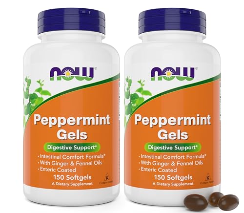 Now Peppermint Gels with Ginger Oil and Fennel Oil 150 Softgels (Pack of 2) Enteric Coated