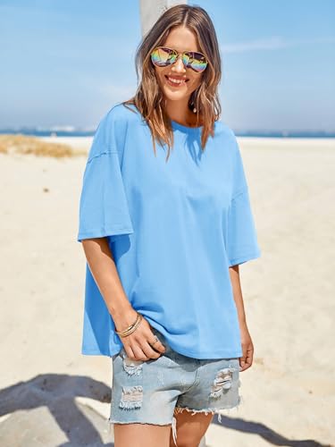 Image of Tankaneo Womens Oversized Tshirts Summer Casual Short Sleeve Crew Neck T Shirt Loose Fit Side Slit Tee Tops