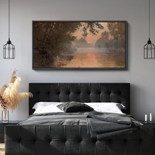 Image of MUDECOR Extra Large Framed Canvas Print Wall Art Serene River Sunset Reflection Soft Nature Landscape Antique Retro Ready to Hang Painting for Living Room Bedroom Multi-Sizes - 60 inchx30 inch