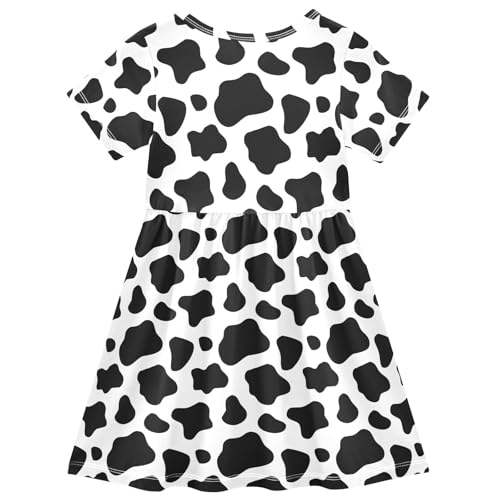 ALAZA Black White Cow Print Toddler Girls Dress Short Sleeve A-line Dress 2-8 Years2