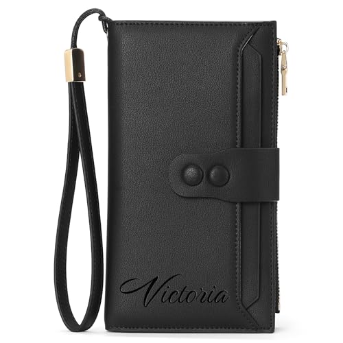 Custom Wristlet Wallet,Personalized Engraved Name Wallets with RFID Blocking Large Capacity Clutch Purse Credit Card Holder with Zipper Pocket for Women (Style 2-Black)