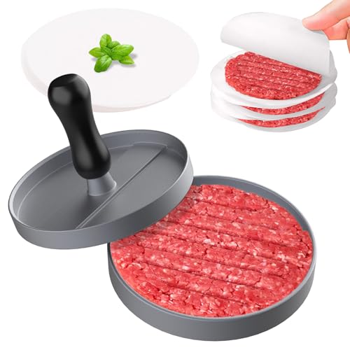 GeeRic Presse à Hamburger Antiadhésive en Aluminium, Presse Steak Haché avec 100 Feuilles de Papier à Steak Haché (Manche en Bois)