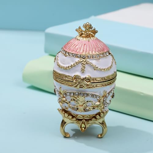 Unique Faberge Egg Trinket Box, Hand-Painted Enameled Hinged Jewelry Organizer, Vintage Bejeweled Storage, Mini Ring Earrings Jewelry Box, Figurine Collectible Keepsake Home Decor