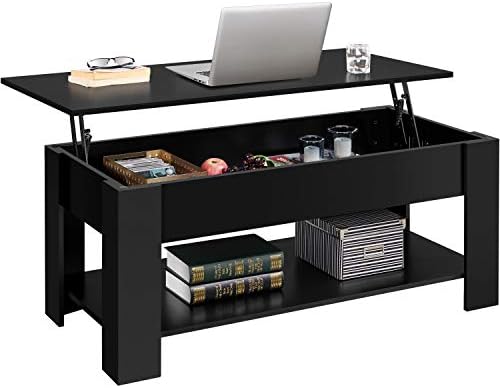 Yaheetech Lift Top Coffee Table with Hidden Compartment and Storage Shelf, Rising Tabletop Dining Table for Living Room Reception Room, 47.5in L, Black