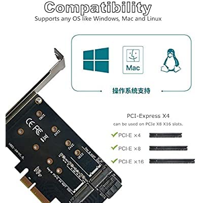 Image of Pi+(PiPlus) Dual M.2 PCIE Adapter for SATA or PCIE NVMe SSD, M.2 SSD NVME (m Key) and SATA (b Key) 2280 2260 2242 2230 to PCI-e 3.0 x 4 Host Controller Expansion Card (MKeyBkey)-NOT BOOTABLE