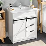 ELEVACHIC 30' Bathroom Vanity with Sink, Farmhouse Bathroom Cabinet, Bathroom Vanity Set with Sliding Barn Door & 3 Drawers, Freestanding Bathroom Vanities with Metal Handle, White