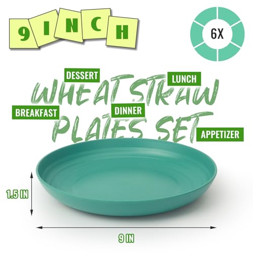 Image of Unbreakable Camp Plate Set of 6, 9In Wheat Straw Lightweight Plate | Plastic Dinner Plates Reusable for Picnic & RV Travel, Dishwasher & Microwave safe