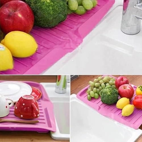 Image of Kitchen Utility Draining Board, Dish Racks, Plastic Dish Drainer Tray, Large Sink Drying Rack, Kitchen Tableware Worktop Organizer, Drain Board for Utensils, Vegetable & Fruit (Pink)