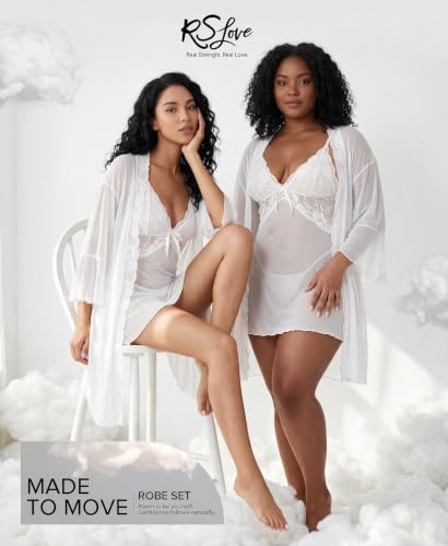 Image of RSLOVE Women Sexy Lingerie Set - 3 Piece Babydoll & Lace Kimono Robe Strap Chemise Nightgown Mesh Sleepwear