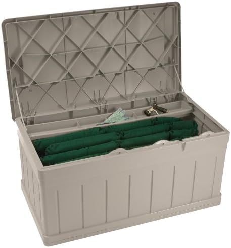 Suncast DB9750 129 Gallon Large Waterproof Outdoor Storage Container for Patio Furniture, Pools Toys, Yard Tools Extended Deck Box, H27 1/2, w/Lid and Seat, Taupe