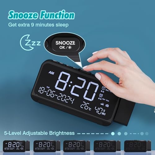 Mesqool Radio Despertador Proyector de Techo con Proyector de 320°, Modo día laborable/Fin de Semana, 2 Alarmas, Cargador USB Tipo C, FM, Regulador de Intensidad, Temperatura, Humedad, Snooze, 12/24H - imagen 6