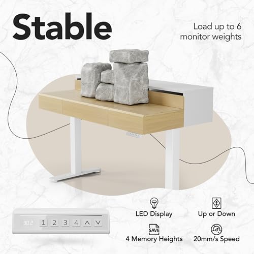 Image of HUANUO Standing Desk with Drawers, 48 Inches Electric Height Adjustable Desk with Storage, Whole-Piece Board Sit Stand Up Desk with Monitor Shelf, Light Walnut