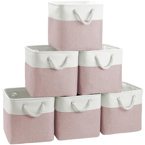 FinishingBo Cube Storage Bins, 6 Pack 11x11 inch with Cotton Handles for Closet, Shelves, Clothes, Towel (White/Pink)