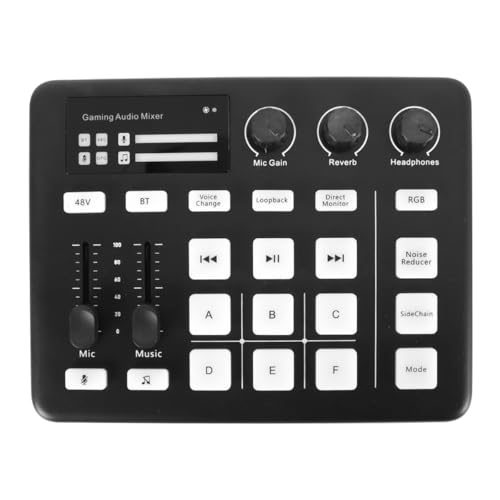 ACOLY Mezclador de audio para juegos, transmisión RGB con interfaz de audio para micrófono XLR, alimentación fantasma de 48 V, cambiador de voz y reductor de ruido, efectos de sonido DIY.