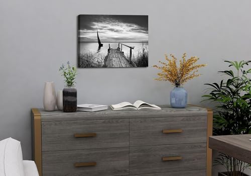 Image of Nature Beach Landscape Wall Art for Living Room Black and White Paintings Wall Decor Ocean Coastal Scenery Canvas Prints Seascape Sailboat Picture Vintage Poster Artwork Kitchen Modern Home Decoration 12x16 inch