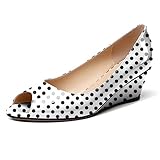 YODEKS Women's Wedge Peep Toe Pump Shoes Low Heel Pumps Slip On Open Toe Heeled Sandals for Workplace Party Casual Dress Polka-Dot US Size 8.5