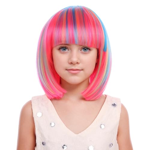Image of PATTNIUM Colorful Bob Wig with Bangs Short Rainbow bob Wig Multicolor Wig Cosplay Party Synthetic Wig