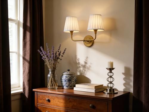 Image of Yosoan 2-Light Brass White Pleated Fabric Shade Wall Sconce, White Pleated Cup Funnel Shade, Vanity Vintage Industrial Hardwired Indoor Boho Gold Wall Mounted for Kitchen Fireplace Staircase(Antique)