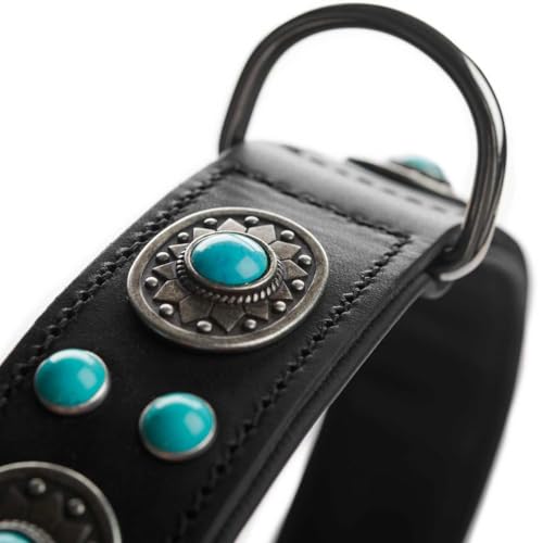 HUNTER SIOUX Hundehalsband, Leder, indianischer Stil, mit Schmucksteinen, 60 (M-L), schwarz