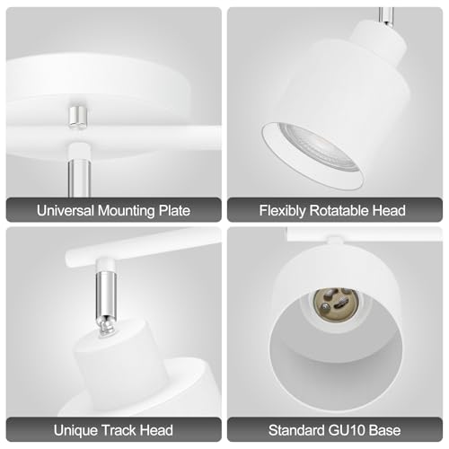 3-Light Led Track Lighting,White Ceiling Lighting Fixtures,Wall Sconces Ceiling Spotlight with Foldable Light Arms for Kitchen, Closet, Bedroom,GU10 Socket, Bulbs Not Included - Thumbnail 4