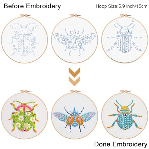Image of Louise Maelys 3 Sets Beetle Embroidery Kits for Beginners,Cross Stitch Kit for Adults,DIY Needlepoint for Starters Including Flowers Pattern, Hoop,Instruction and Threads