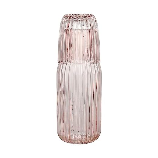 elle decor Ribbed Bedside Water Carafe with Tumbler Set | Ribbed Glass Pitcher and Matching Drinking Glass Doubles as Lid | 39-Ounce Jug for Guest Room, Office, or Gift | 4” x 9.5” (Pink)