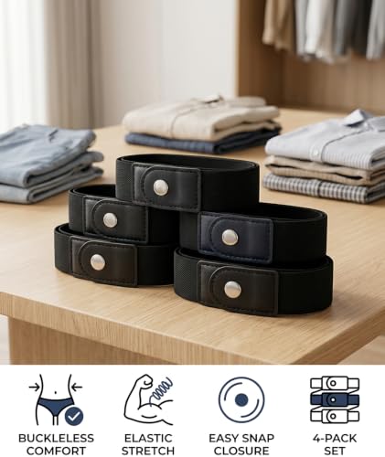 Image of 4PCS No Buckle Belt for Men, Buckle Less Belt for Men, Elastic Belt for Men Adjustable Stretch Waistband for Work, Casual, or Outdoor Use (black)