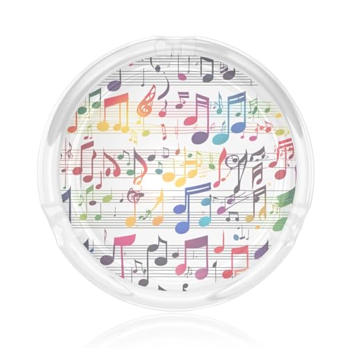 Cendrier rond en verre avec impression de notes de musique colorées pour la maison, le bureau, la terrasse, la voiture, l'intérieur et l'extérieur