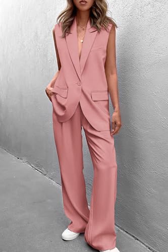 Image of PRETTYGARDEN Women's 2 Piece Outfits Sleeveless Suit Vest and Wide Leg Pants Business Casual Blazer Sets