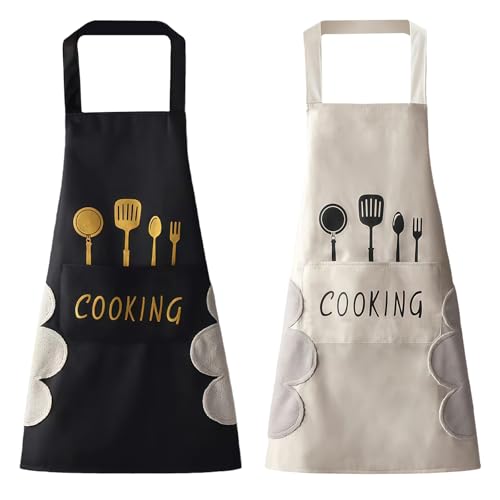 2 Pièces Tablier de Cuisine pour Femme, Tablier Cuisine avec Chiffon Essuyable, Cadeau Couple Tablier pour Mariage, Etanche Reglable Tabliers avec 2 Poches,...