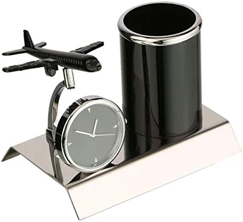 ZAHEPA Aeroplane Miniature Metal Pen Stand with Analog Table Clock, Desktop Organizer Pencil Holder, Stylish Desk Accessory for Office Table Decor, Storage Box, Corporate Gift for Men (Black)