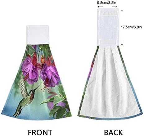 Miniatura 4 de Toallas de mano de colibrí con flores para cocina, toalla absorbente de color morado fucsia para colgar con lazo, juego de 2 piezas de ropa de