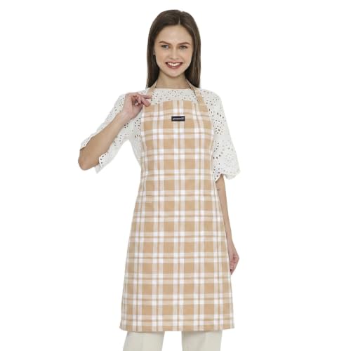 Image of Encasa XO Cotton Cooking kitchen Apron for Women and Men chef apron With adjustable neckstrap, Pocket & Towel Holder for Easy cooking, Baking, BBQ, Gardening- Franca Beige Checks, 68x85 cm