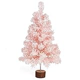 CCINEE Table Top Pink Artificial Christmas Tree, 2 Ft Small Mini Pink Xmas Tree with Flocking Snow Frost and Plastic Stand for Porch Coffee Table Centerpiece Arrangements Home Office Holiday Decor