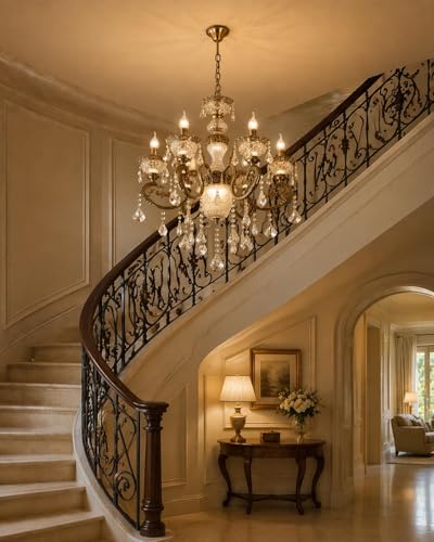 Image of Modern Crystal Chandelier, 6-Light Ceiling Light Glass Fixture, Antique Bronze with Crystal Droplets, Gold Designer Shades for Living, Dining, Bedroom, Staircase & Foyer with Filament Bulbs