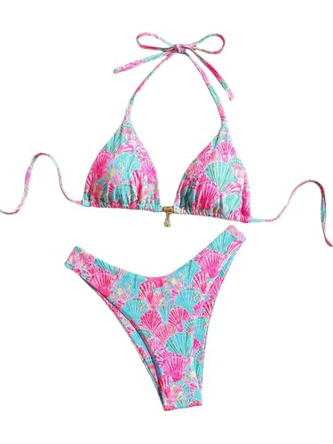 Women's Floral Plants Print Bathing Suit High Waisted Halter Boho Swimsuit Bikini Set