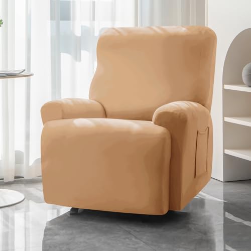Image of HOKIPO 'SereneSolids' 140 GSM Recliner Stretch Sofa Slipcover 1 Seater Fully Covered 4-Piece Set Machine Washable Furniture Protector with Elasticity for Kids Pet, Camel (AR-4740-CML)