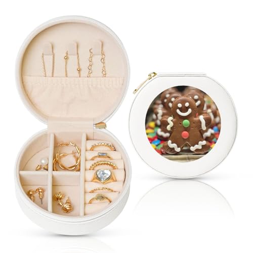 JIPOFD Portagioie rotondo con omino di pan di zenzero, portagioie da viaggio, per collane, orecchini, anelli e accessori da donna