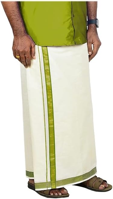 Jhon Men’s Traditional Cotton Dhoti/Veshti with Green Border | South Indian Mundu | Pure Cotton White Dhoti for Men