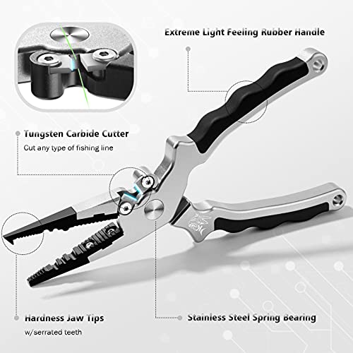 KRLAO Fishing Pliers Fish Hook Remover Muti-Function Split Rings Pliers Braid Line Cutter, Corrosion Resistant Saltwater Fishing Tool Set with Leather Sheath & Lanyard, Fishing Gifts for Men - Thumbnail 2