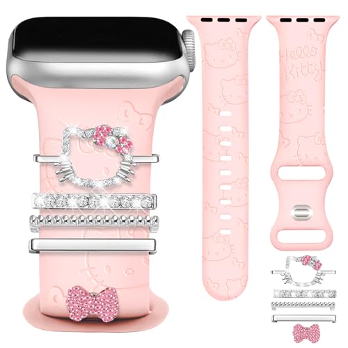 JR.DM Floral Engraved Band Compatible with Apple Watch 42mm 40mm 41mm 38mm Women Soft Silicone Dressy Straps Decorative with Charms for iWatch Series 11 10 9 8 7 6 5 4 3 2 1 SE