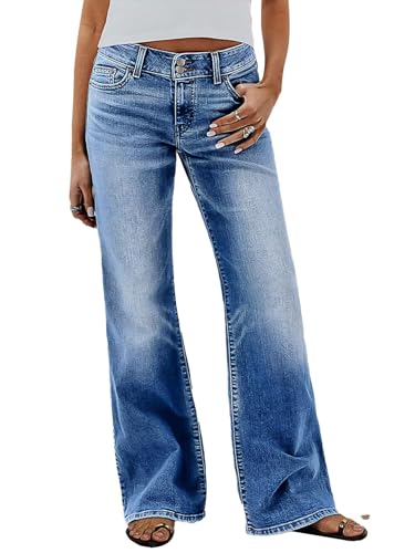 Flamingals Straight Leg Jeans for Women Trendy Mid Rise Double Button Stretchy Wash Casual Baggy Jeans