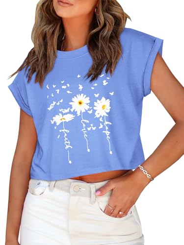 Image of Womens Crop Tops Summer Roll Cap Sleeve Cropped Tshirt Loose Fit Basic Tees
