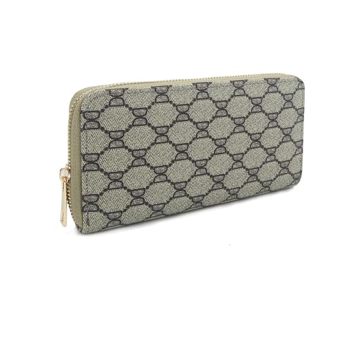 Le Miel Women's Signature Faux Vegan Leather Wallet Chic Monogrammed Diamond Patterned Zip Around Wallet (DD1W, Coffee)2